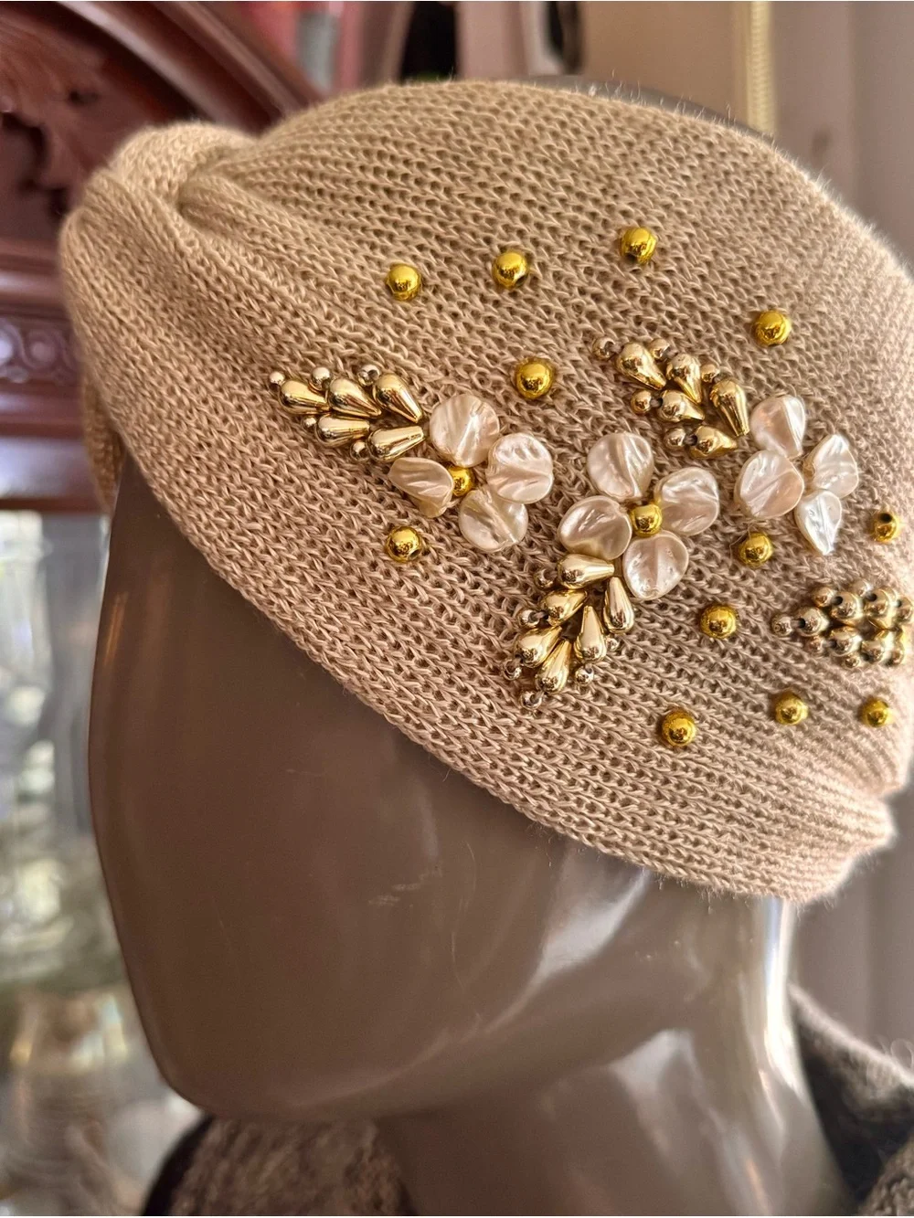 Anthropologie Beaded Knit Turban Headband Ear Warmer - Beige & Gold Boho